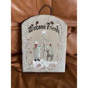 Hand Painted Slate Welcome Friends Sign Snowman Deer Winter Christmas Decor